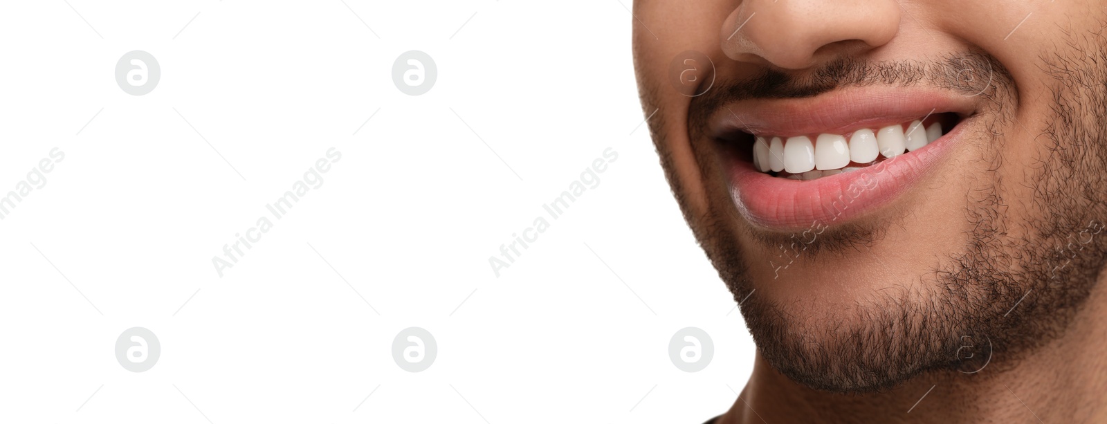 Image of Man with clean teeth smiling on white background, closeup. Banner design with space for text