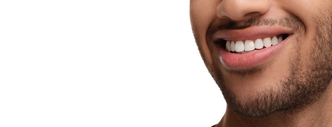 Image of Man with clean teeth smiling on white background, closeup. Banner design with space for text