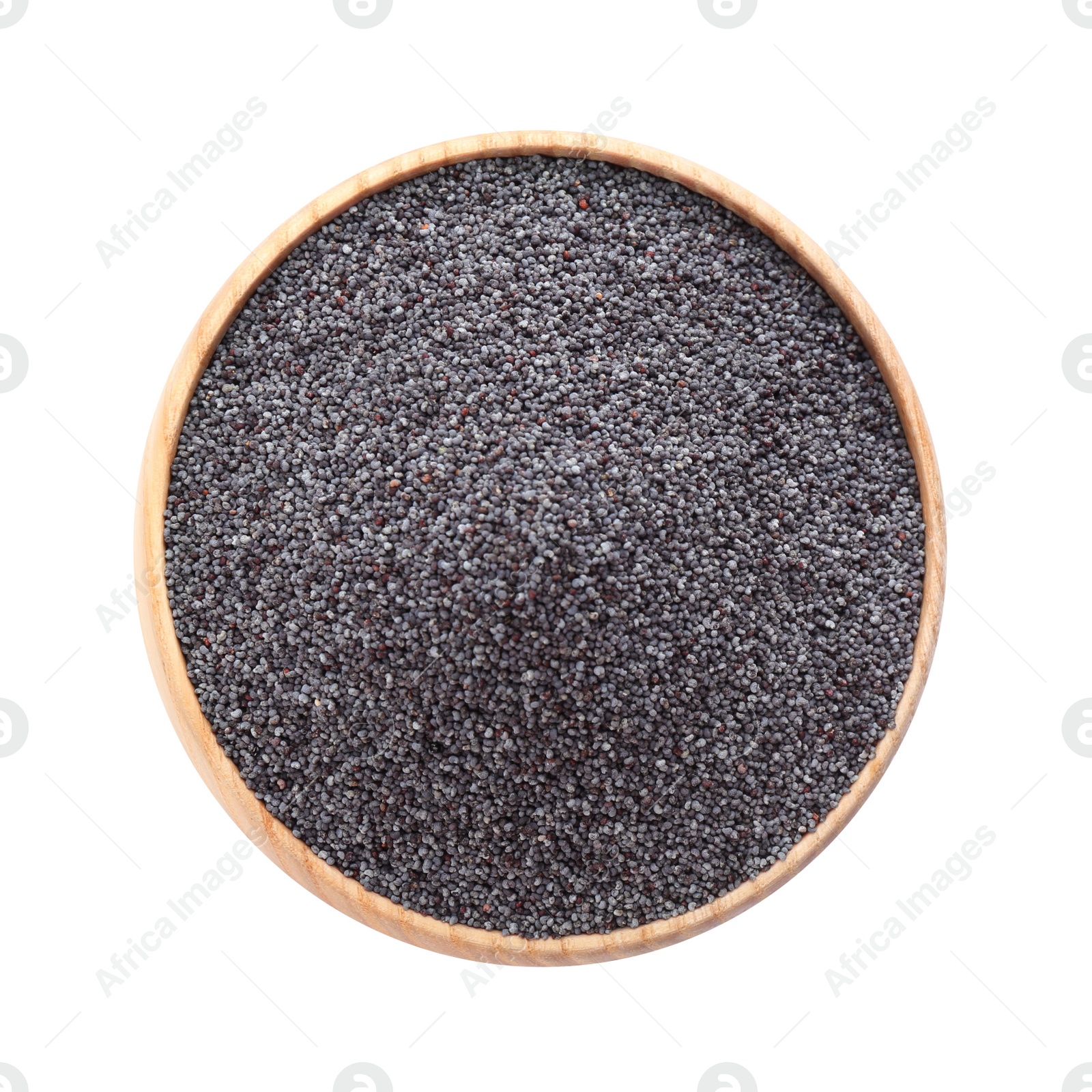 Photo of Poppy seeds in wooden bowl isolated on white, top view