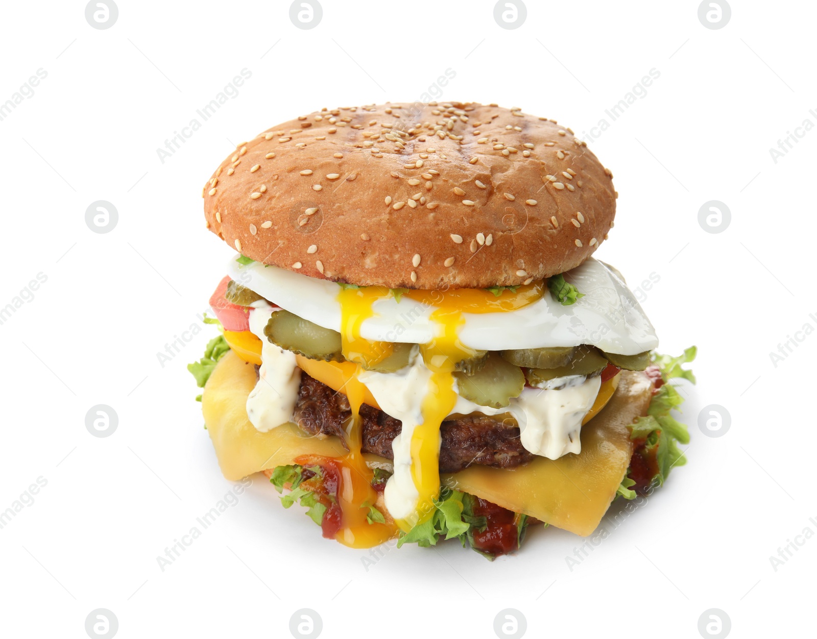 Photo of Tasty burger with fried egg on white background