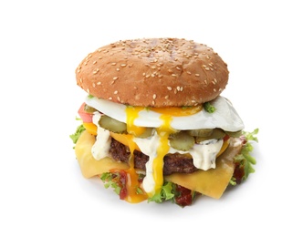 Photo of Tasty burger with fried egg on white background