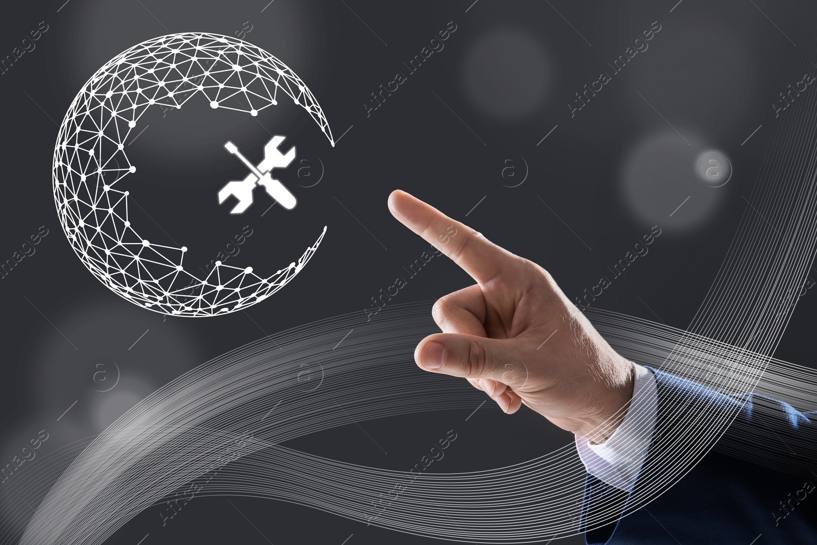 Image of Man touching virtual screen with illustration of Earth on dark background, closeup. Technical support 