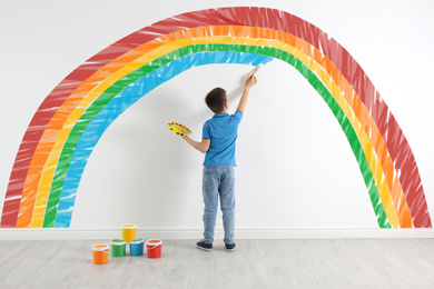 Cute child drawing rainbow on white wall indoors