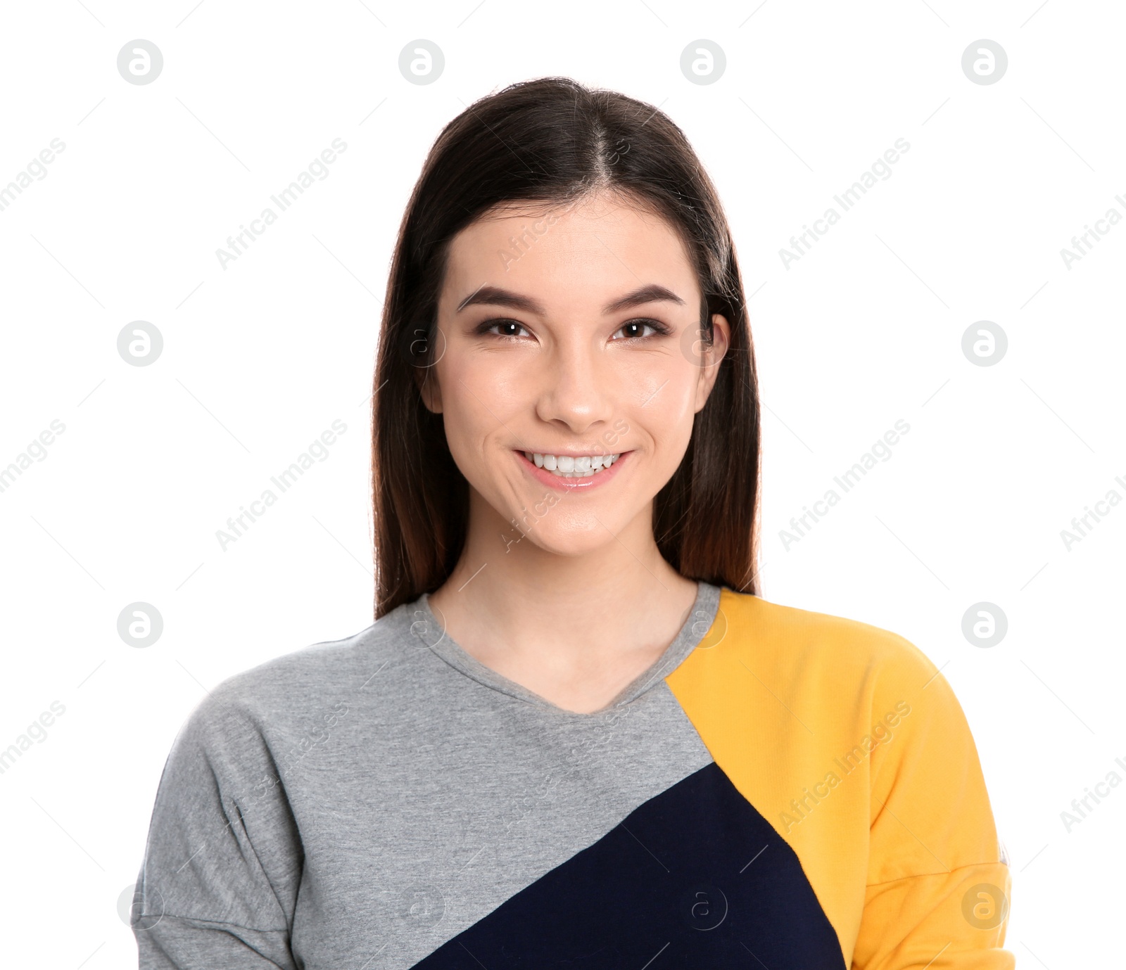 Photo of Beautiful young woman in stylish clothes on white background