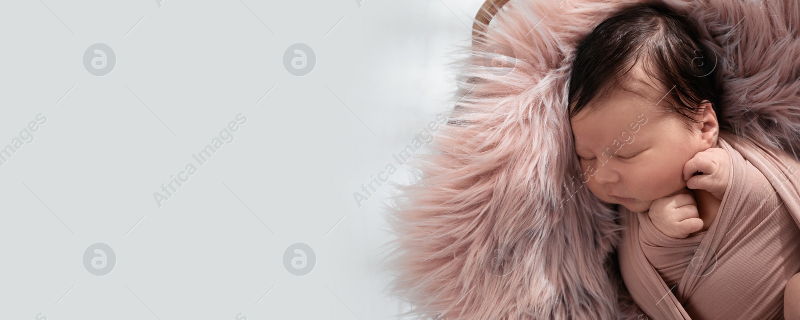 Image of Cute newborn baby sleeping on fluffy blanket, closeup view with space for text. Banner design