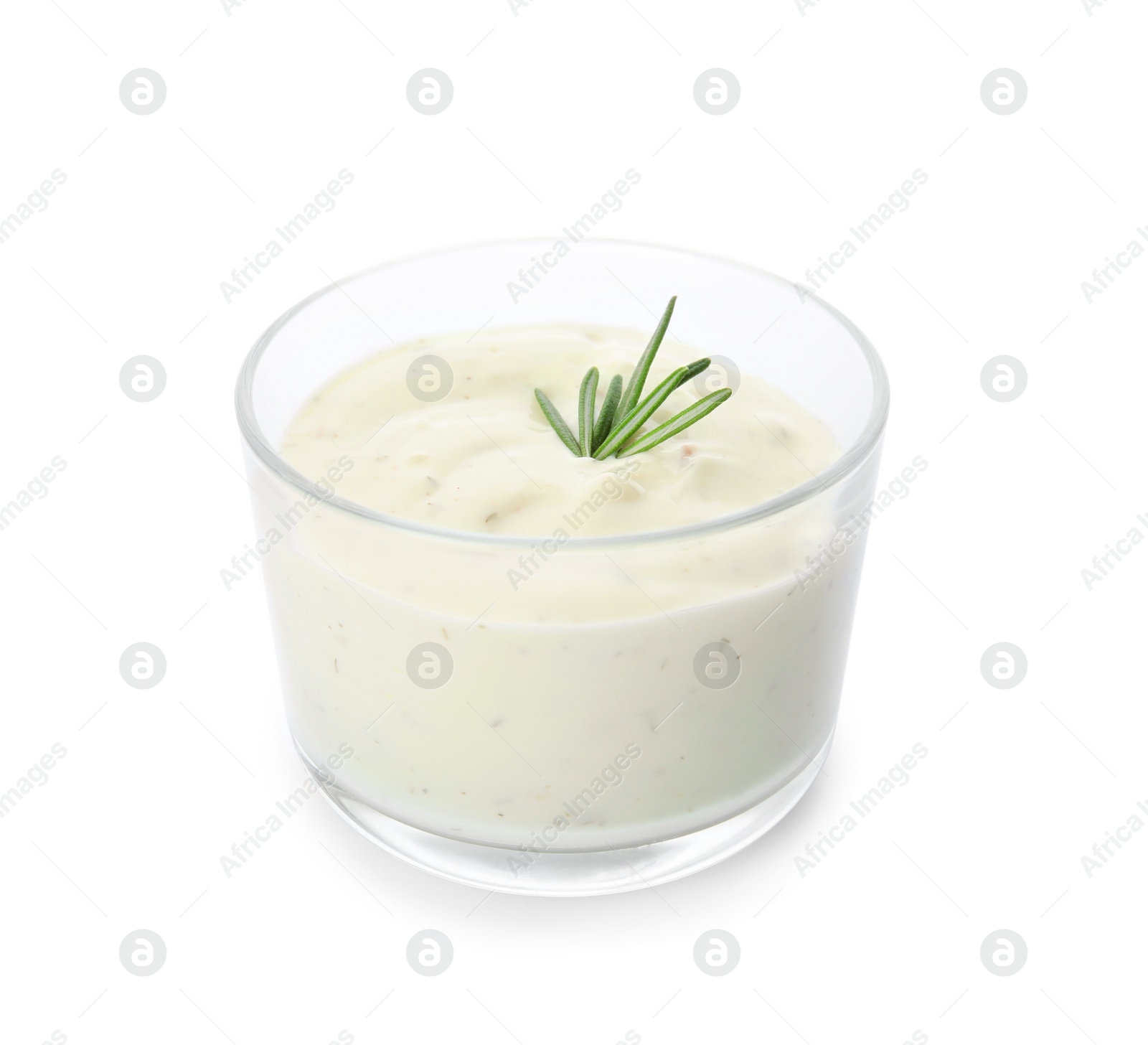 Photo of Glass bowl of garlic sauce on white background