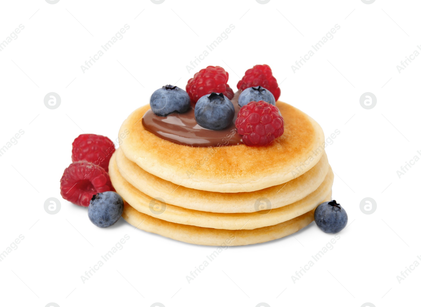 Photo of Stack of tasty pancakes with chocolate spread and berries isolated on white