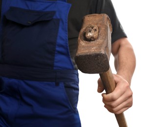 Photo of Man with sledgehammer on white background, closeup