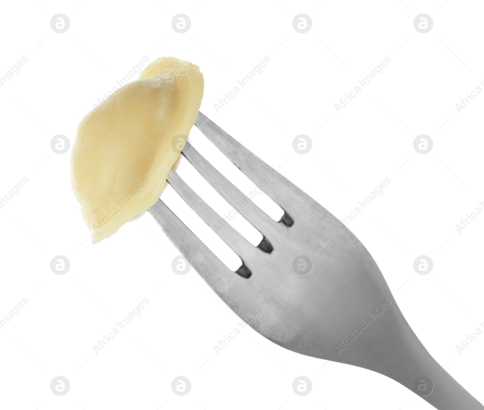 Photo of Fork with tasty dumpling isolated on white