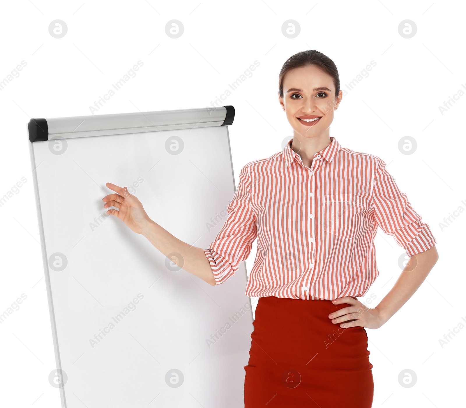 Photo of Professional business trainer near flip chart board on white background