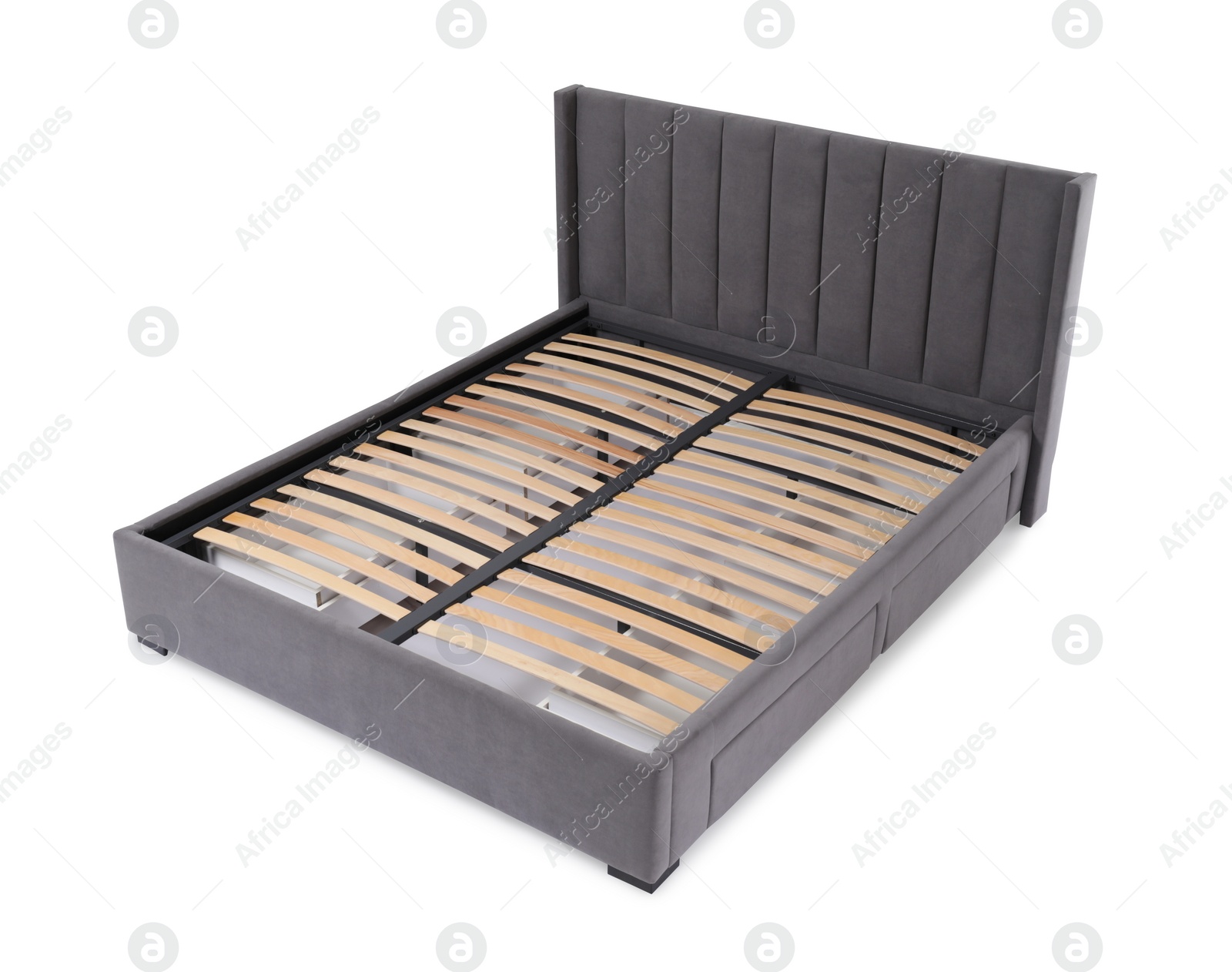 Photo of Comfortable gray bed with wooden slats on white background