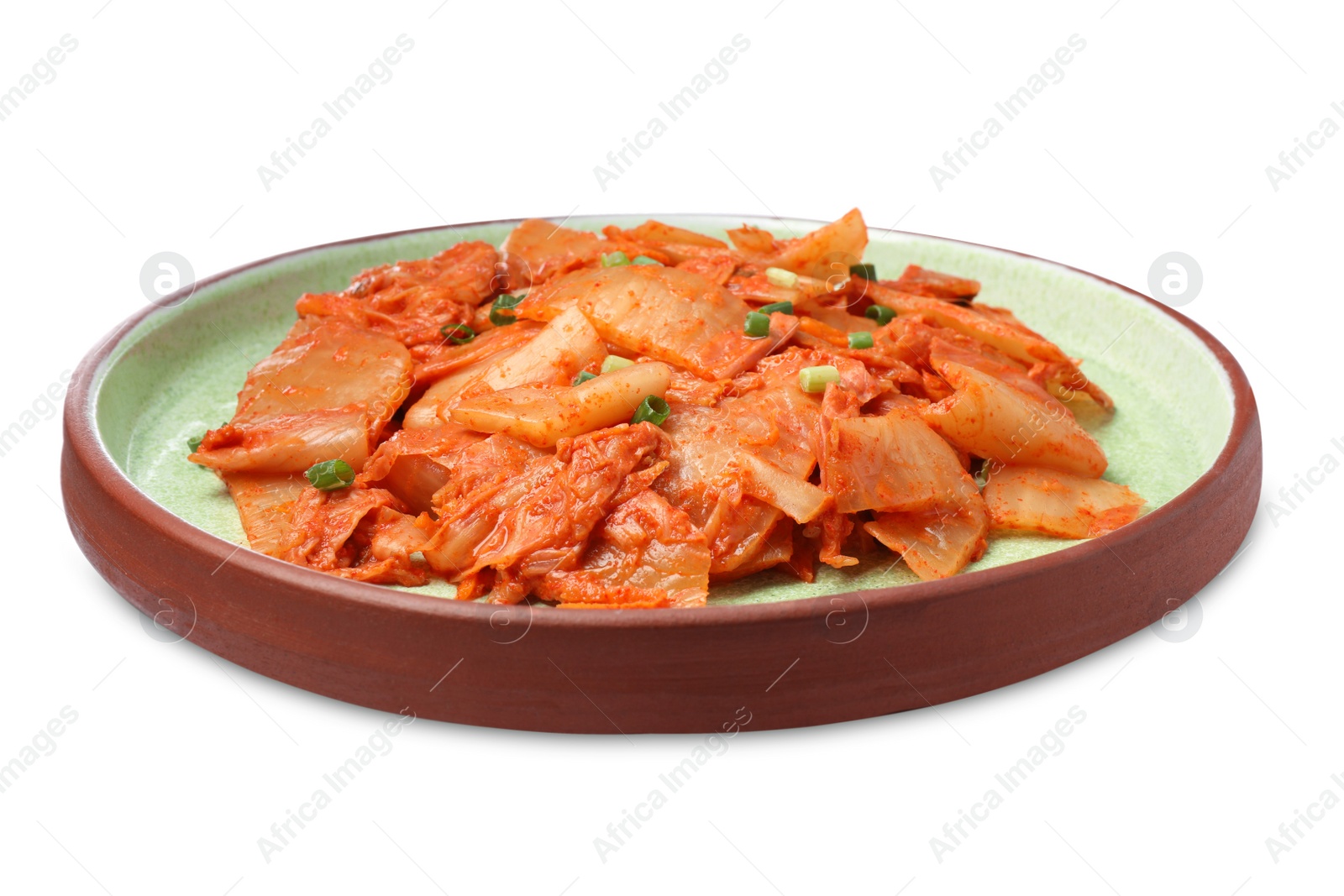 Photo of Plate of delicious kimchi with Chinese cabbage isolated on white