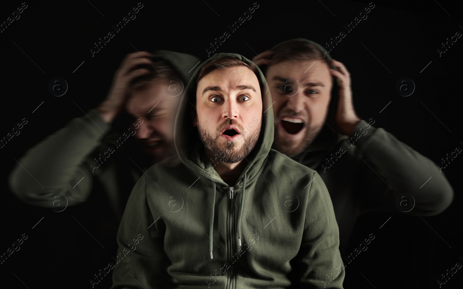 Image of Man with personality disorder on dark background, multiple exposure 