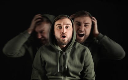 Man with personality disorder on dark background, multiple exposure 