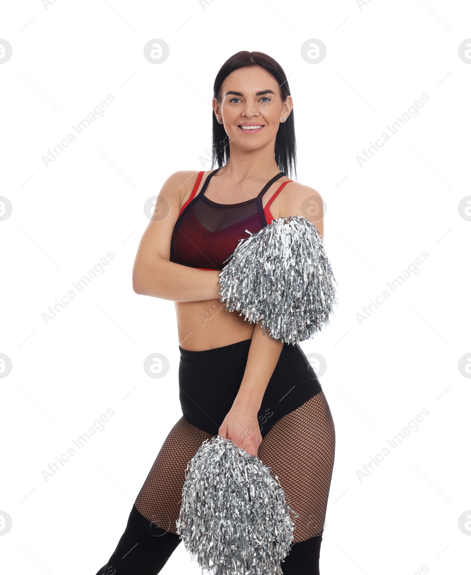 Photo of Beautiful cheerleader in costume holding pom poms on white background