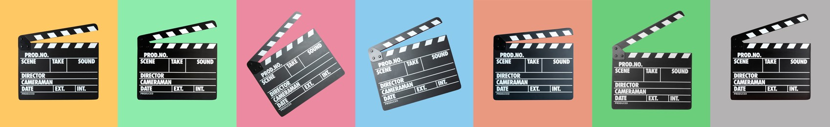 Image of Set with clapperboards on different color backgrounds. Banner design