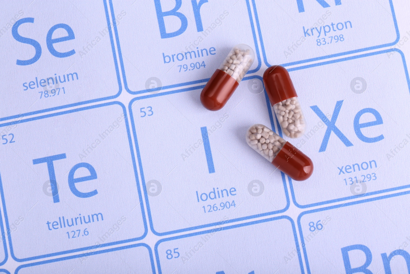 Photo of Symbol Iodine and capsules on periodic table of elements, top view