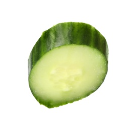 Photo of Cut fresh green cucumber on white background