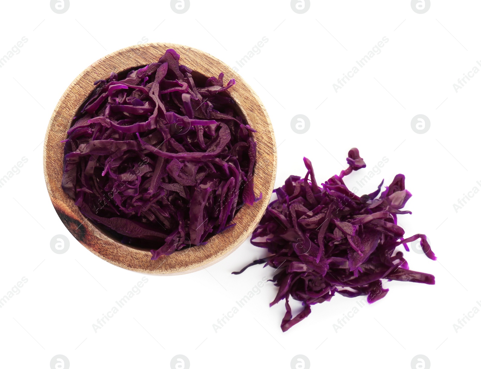 Photo of Bowl with tasty red cabbage sauerkraut on white background, top view