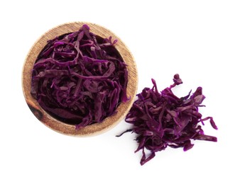 Photo of Bowl with tasty red cabbage sauerkraut on white background, top view