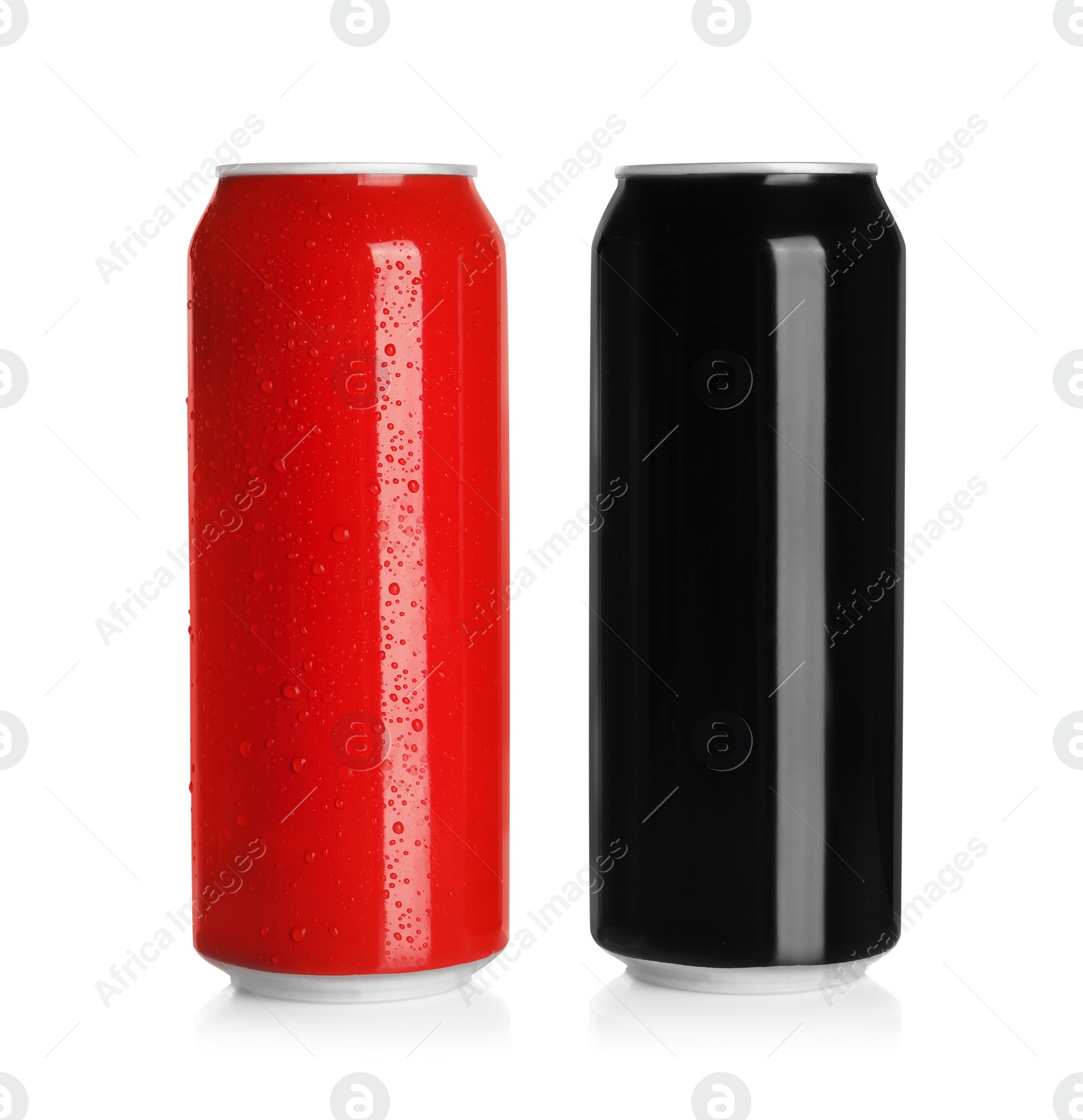 Photo of Aluminum cans with drinks on white background