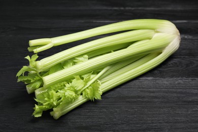 Photo of One fresh green celery bunch on black wooden table, closeup