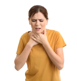 Photo of Woman suffering from cough isolated on white