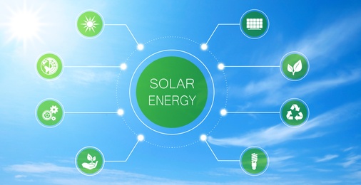 Image of Solar energy concept. Scheme with icons and sky on background, banner design
