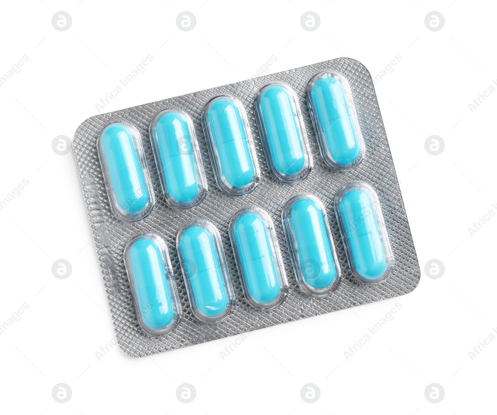 Photo of Blister with bright pills isolated on white, top view