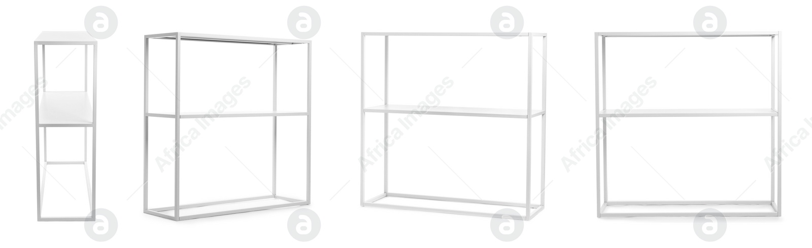 Image of Set with empty shelving units on white background, banner design 