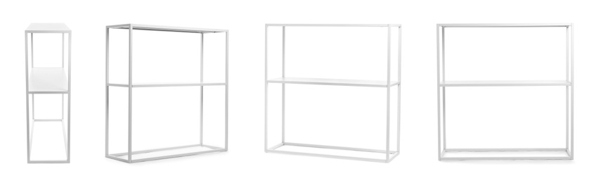 Image of Set with empty shelving units on white background, banner design 