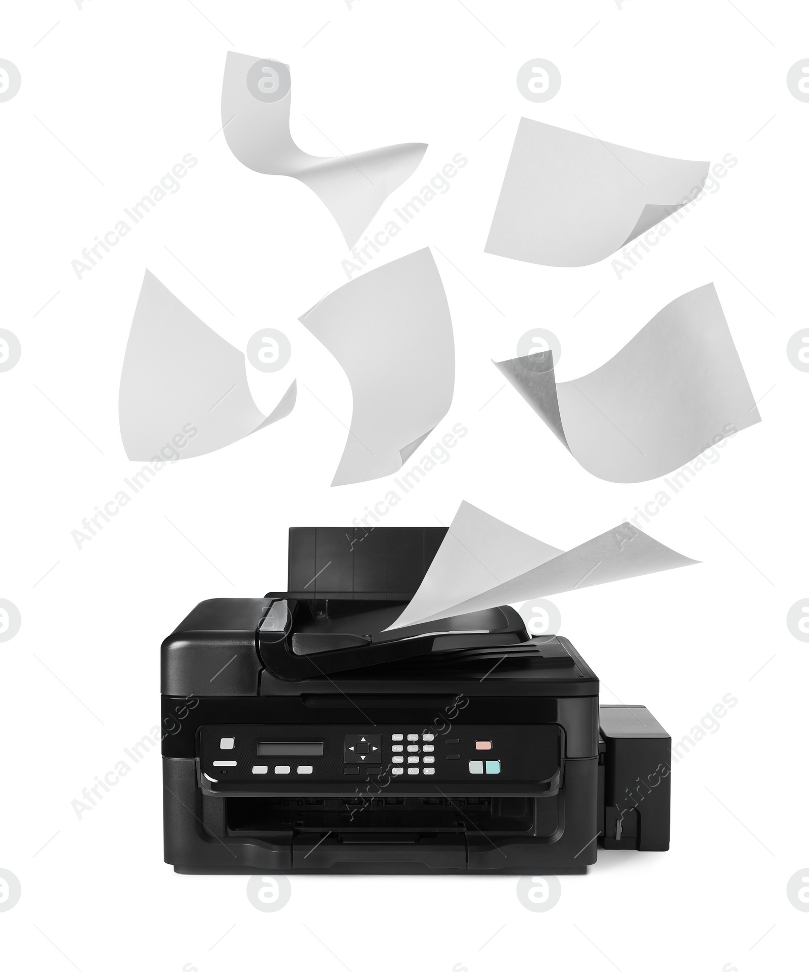 Image of Modern multifunction printer and flying sheets of paper on white background