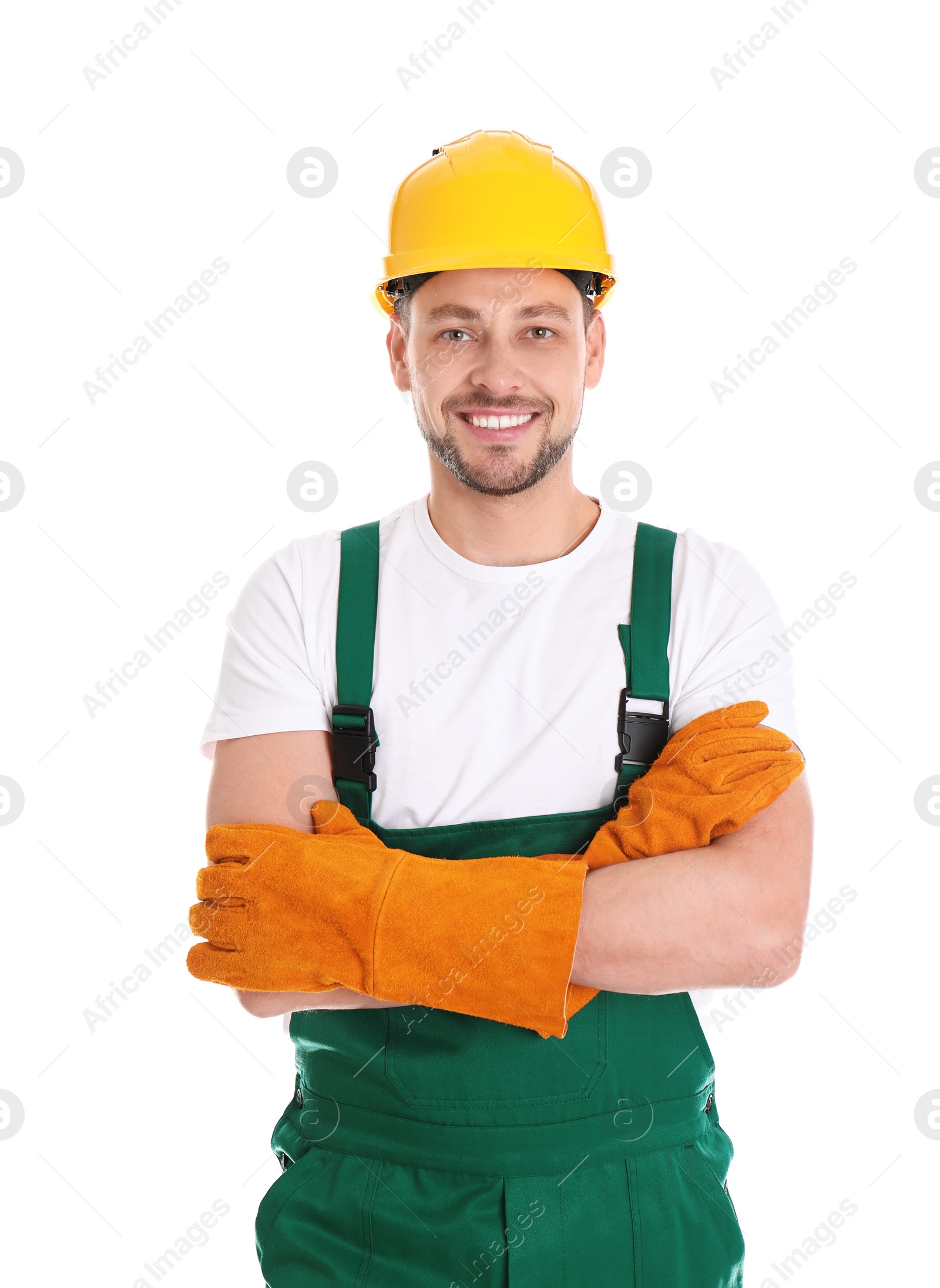 Photo of Male industrial worker in uniform on white background. Safety equipment