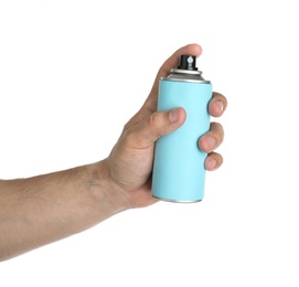 Photo of Man holding spray deodorant on white background, closeup