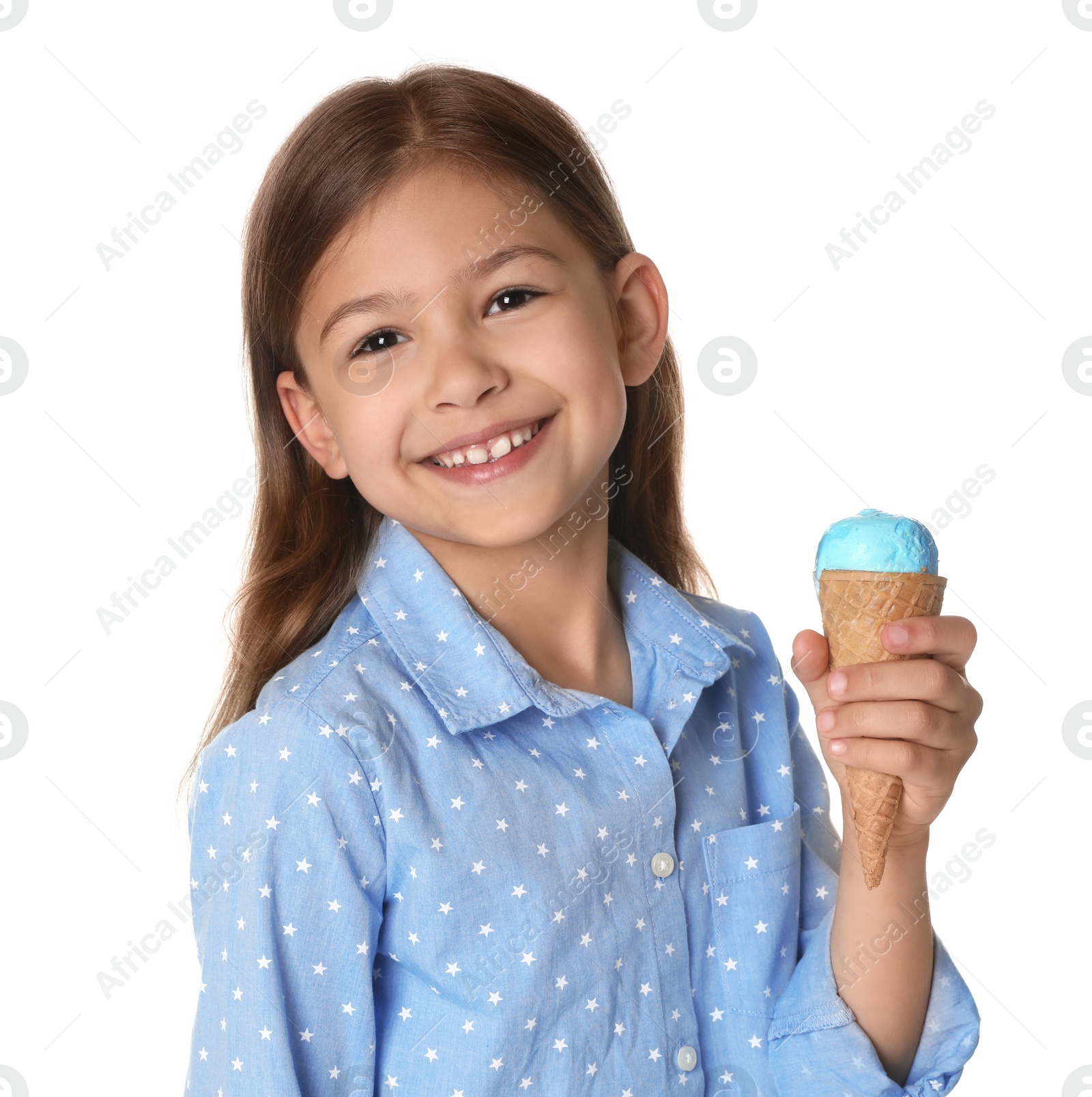 Photo of Adorable little girl with delicious ice cream on white background