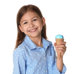 Photo of Adorable little girl with delicious ice cream on white background