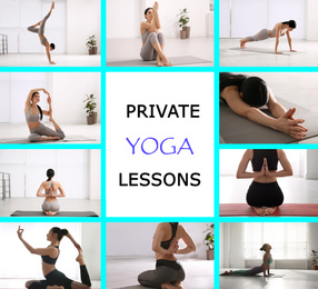 Image of Collage of women practicing different poses and text Private Yoga Classes