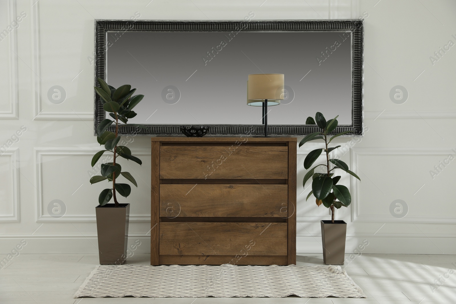 Photo of Wooden chest of drawers with lamp, plants and mirror in room. Interior design