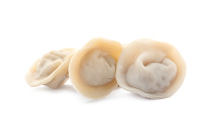 Photo of Fresh tasty boiled dumplings on white background