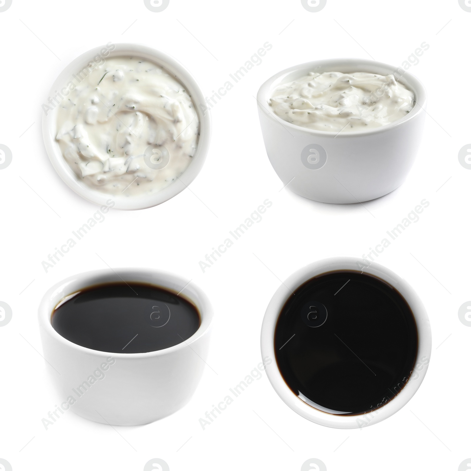 Image of Delicious tartar and soy sauces on white background