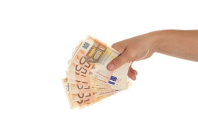 Photo of Man with Euro banknotes on white background, closeup