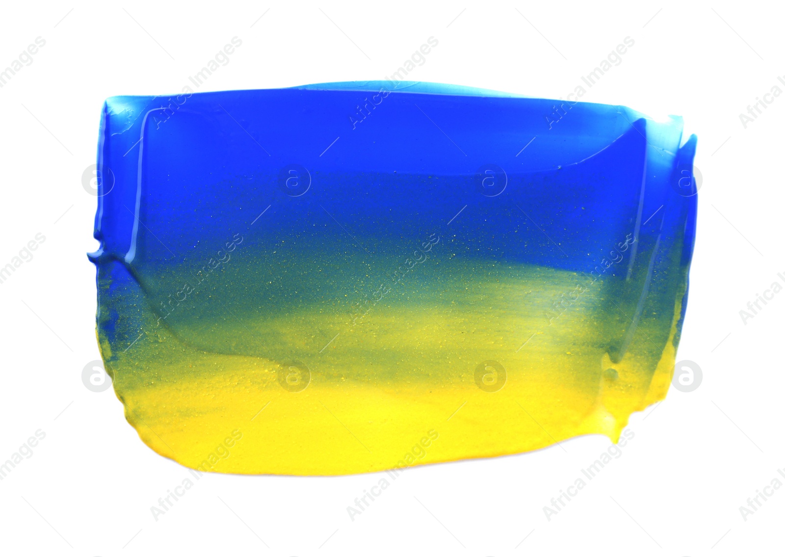 Photo of Blue and yellow paint samples on white background, top view