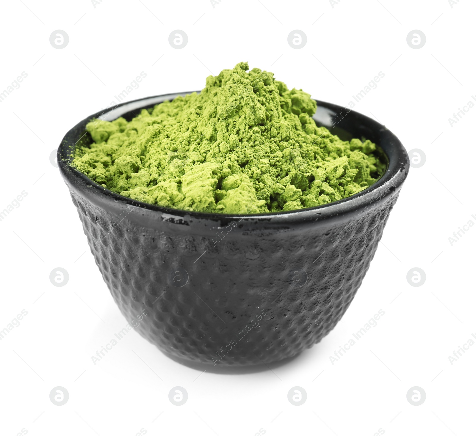 Photo of Bowl with powdered matcha tea on white background