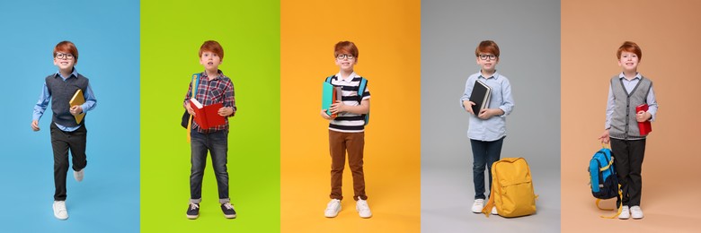 Image of Little schoolboy on color backgrounds, set of photos