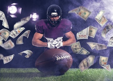 Image of Win on sports betting, online bookmaker service. American football player, ball and flying dollars at stadium