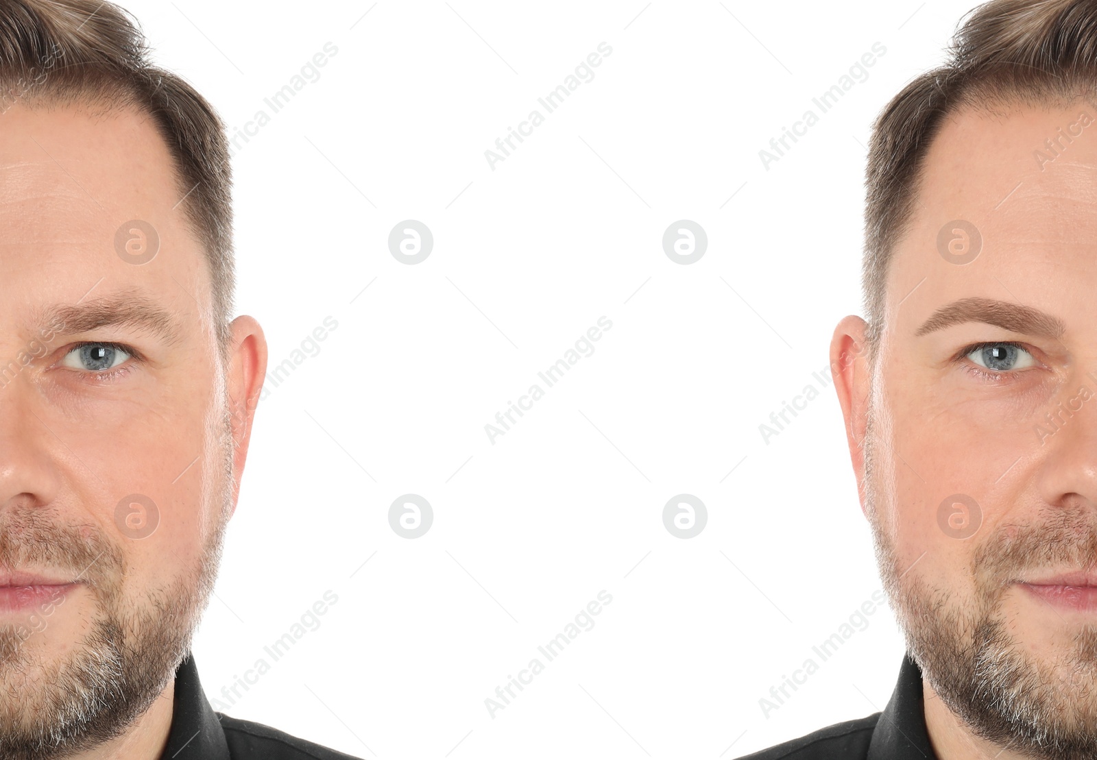 Image of Man before and after eyebrow modeling on white background, collage