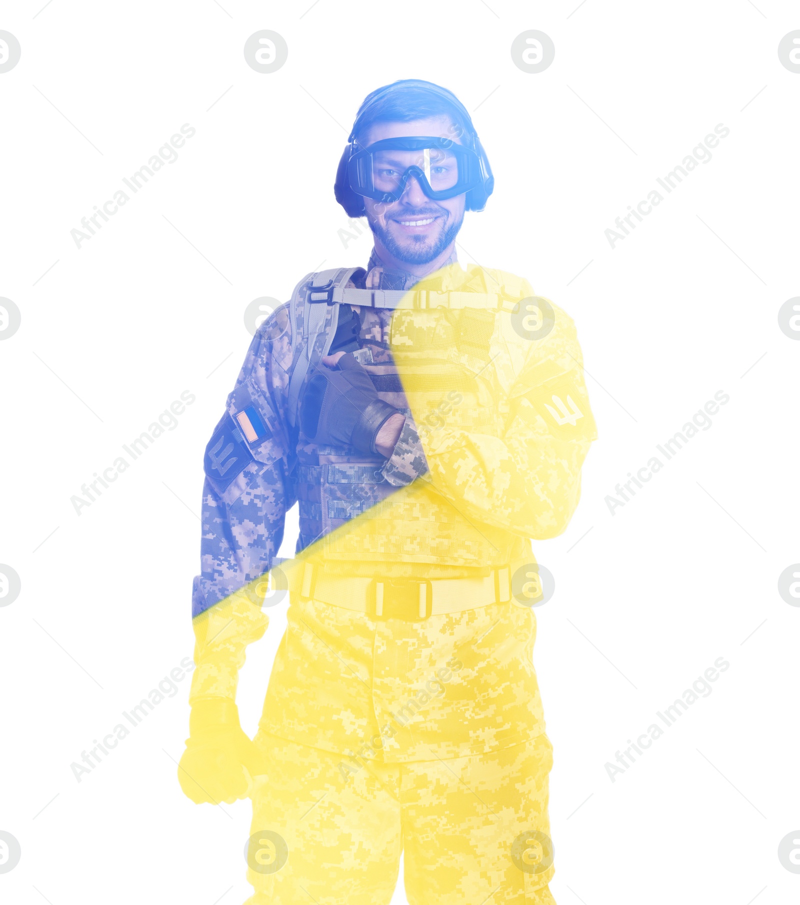 Image of Double exposure of Ukrainian flag and soldier in military uniform, tactical goggles and headphones on white background