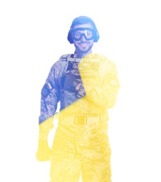 Image of Double exposure of Ukrainian flag and soldier in military uniform, tactical goggles and headphones on white background