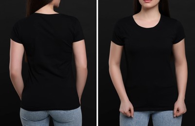 Image of Woman wearing black t-shirt on dark background, back and front view. Mockup for design