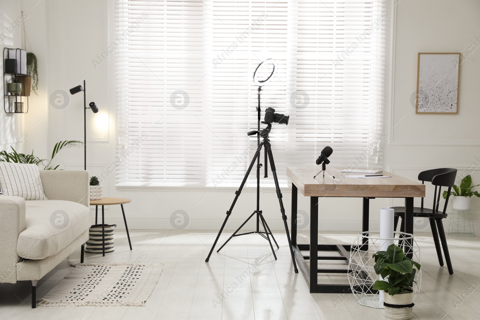 Photo of Ring light, camera and microphone for blogging in room